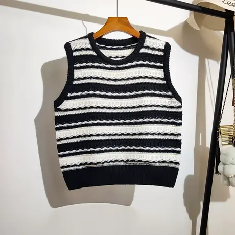 复古条纹针织背心马甲女春秋新款宽松百搭圆领叠穿无袖毛衣坎肩潮商品大图