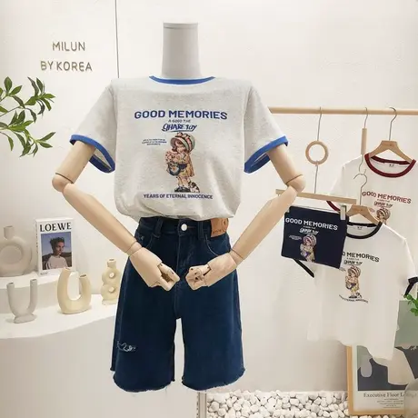 ins复古港味原宿风短款上衣韩国东大门设计感撞色短袖T恤2022夏季图片