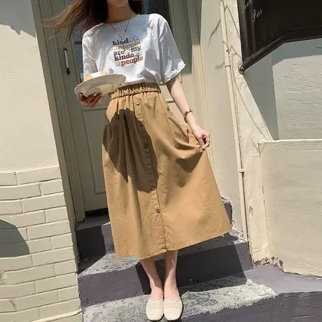 复古棉质单排扣半身裙女2022新款松紧高腰宽松大码A字中长打褶裙图片