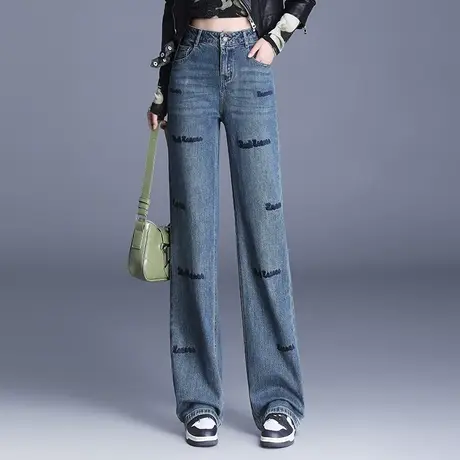 刺绣阔腿牛仔裤女秋季新款胖MM大码美式高街宽松蓝色直筒裤子高腰图片