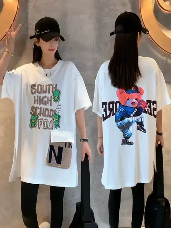 大口袋装饰前后字母卡通图案宽松大版套头T恤女2023年夏季新款潮商品大图