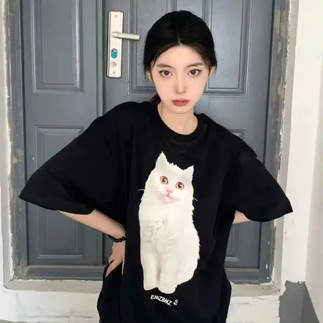 纯棉正肩短袖t恤女夏季宽松潮牌ins半袖设计感小众chic港味上衣服商品大图