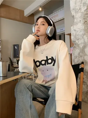 圆领无帽薄款卫衣女春秋2023新款美式港风chic加绒加厚慵懒风上衣商品大图