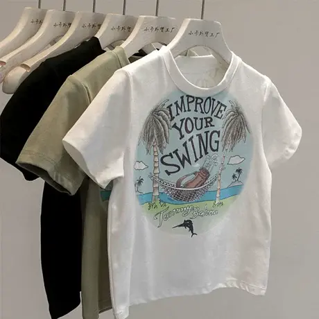 自留这款Tee~2023夏装新款度假风涂鸦印花显瘦短款圆领短袖T恤女图片