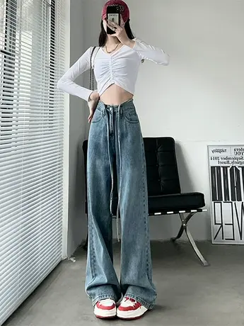 高腰阔腿牛仔裤女春秋装2023新款抽绳设计感直筒宽松显瘦拖地裤子图片