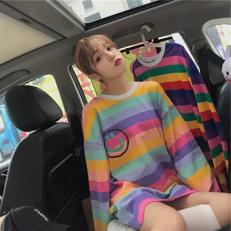 条纹长袖T恤女春秋季2023年新款慵懒风薄款宽松百搭中长款上衣潮图片