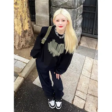 vintage爱心印花卫衣女ins春秋薄款宽松慵懒风hiphop潮牌高街外套商品大图