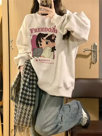 圆领卫衣女小个子春秋薄款oversize慵懒风宽松美式复古套头上衣潮商品大图