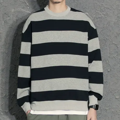 宽松休闲条纹圆领卫衣男春季潮流日系复古长袖打底T恤海魂衫基础商品大图