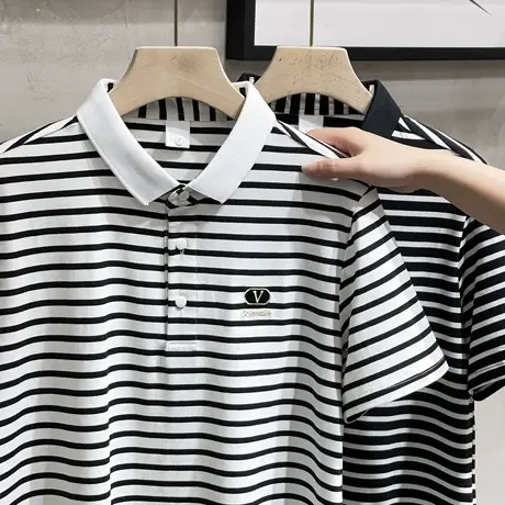 条纹polo衫男士短袖冰丝薄款商务休闲男装上衣服潮流男生翻领t恤商品大图