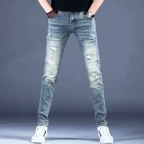 2023新款牛仔裤子简约破洞补丁精致小脚裤春夏常规做旧百搭潮牌男图片