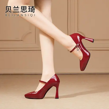 真皮一字带尖头细跟单鞋女2023秋季酒红性感走秀模特防水台高跟鞋图片