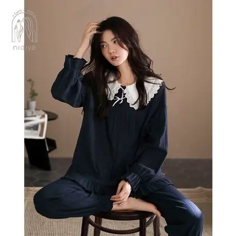 妮狄娅新品睡衣女纯棉长袖套头娃娃领休闲条纹春秋季家居服套装商品大图