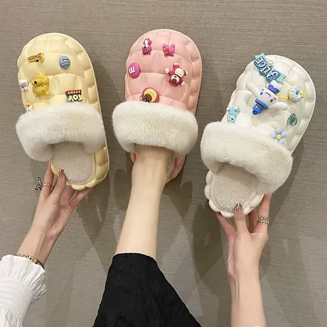 可拆卸卡通棉拖鞋女冬季室内家居家可爱防水毛毛绒保暖棉拖可外穿商品大图