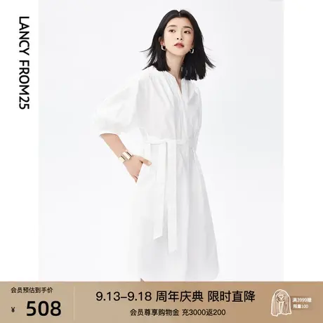 朗姿法式宽松休闲复古裙子女泡泡袖气质白色衬衫裙夏季新款连衣裙图片