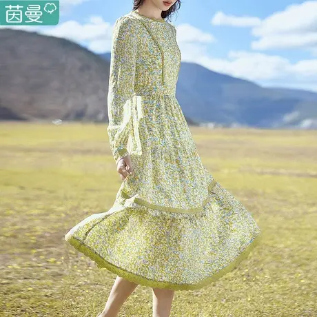 茵曼长袖复古碎花裙女2023年秋季新款气质小众设计收腰显瘦长裙子商品大图