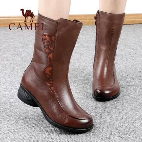 Camel/骆驼女鞋秋冬季加绒保暖真头层牛皮舒适休闲中筒妈妈女靴子图片