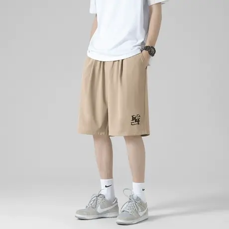 冰丝短裤男夏季港风宽松植绒印花多色五分裤子男生直筒休闲中裤潮商品大图