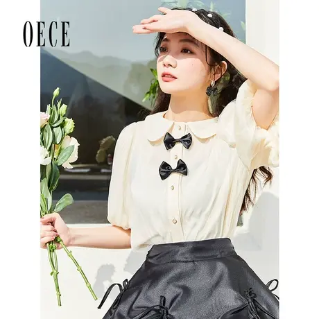 Oece设计感上衣年夏装新款女装法式蝴蝶结娃娃领短袖衬衫春夏图片