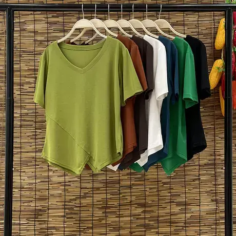 2023年夏季新款不规则开衩短袖T恤宽松显瘦圆领莫代尔纯色上衣潮图片