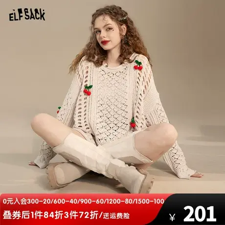 妖精的口袋长袖镂空针织衫女套头2024春秋新款宽松外搭毛衣上衣图片