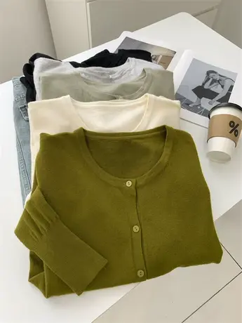 多色圆领针织开衫女秋季新款外搭短款纯色毛衣外套百搭软糯针织衫图片