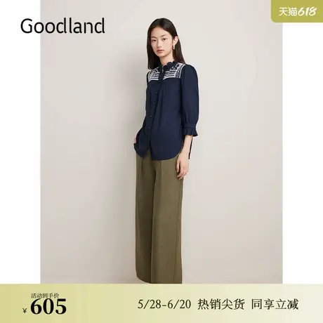 Goodland美地秋季法式钉珠刺绣衬衫荷叶花边领上衣商品大图