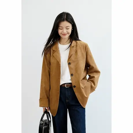 弥古咖色美拉德鹿皮绒西服宽松小个子翻领巴恩风外套女士2025春季图片