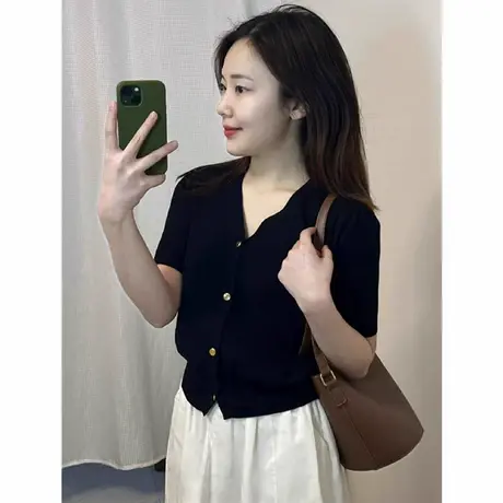 黑色冰丝针织开衫短袖T恤女夏季小众设计感V领修身显瘦纯欲风上衣商品大图