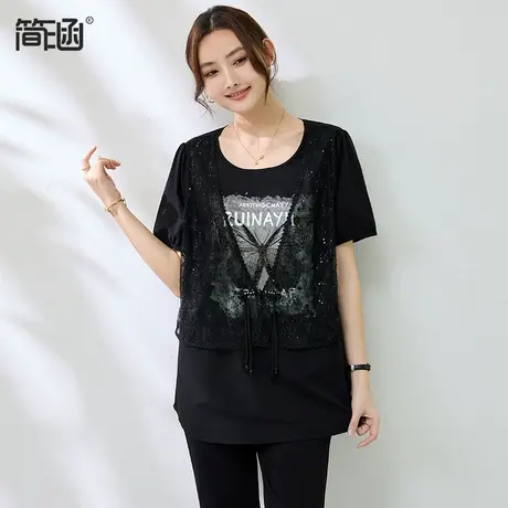 简涵大码蕾丝假两件T恤女2025夏季新款胖MM洋气宽松休闲显瘦上衣图片