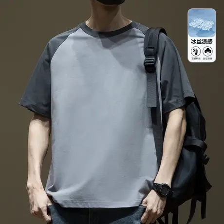 索罗娜凉感撞色拼接短袖T恤男2025夏季新款宽松大码五分袖体恤衫商品大图