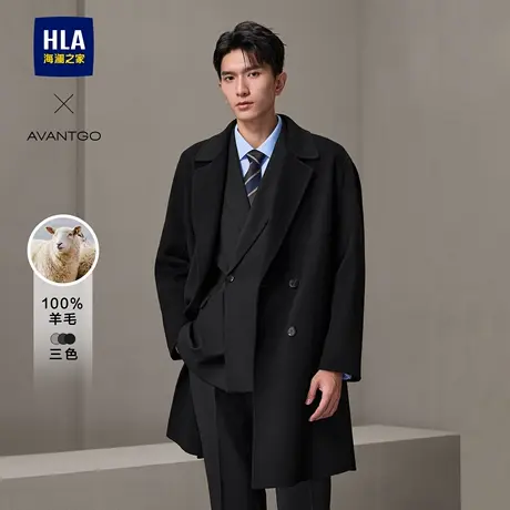HLA/海澜之家轻商务纯羊毛大衣24秋冬新平驳领保暖厚款黑色外套男商品大图