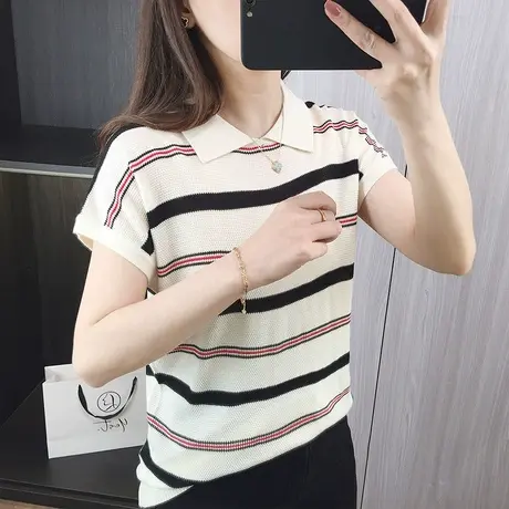 冰丝针织衫polo衫翻领短袖条纹t恤女2024夏季新款上衣服宽松套头商品大图