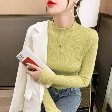 半高领打底衫女2023新款秋冬木耳边内搭针织衫纯色百搭毛衣女长袖图片