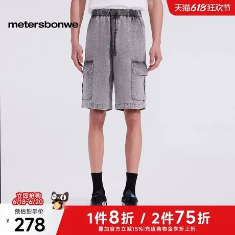 美特斯邦威牛仔短裤男士2025夏季新款户外松紧腰工装做旧洗水中裤图片