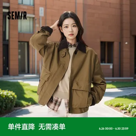 森马外套女灯芯绒翻领宽松潮酷chic女士秋拼接格纹复古夹克工装风图片