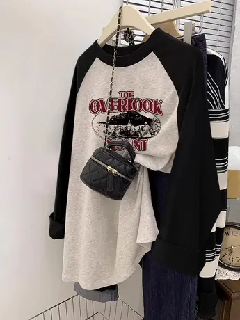 oversize慵懒风插肩袖长袖T恤女秋季撞色设计上衣ins潮纯棉打底衫商品大图