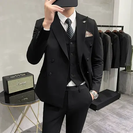 双排扣西装套装男休闲大码韩版新郎礼服痞帅修身职业正装外套潮商品大图