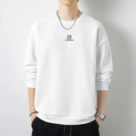男士卫衣2023新款华夫格圆领无帽上衣服宽松潮流百搭白色长袖t恤商品大图