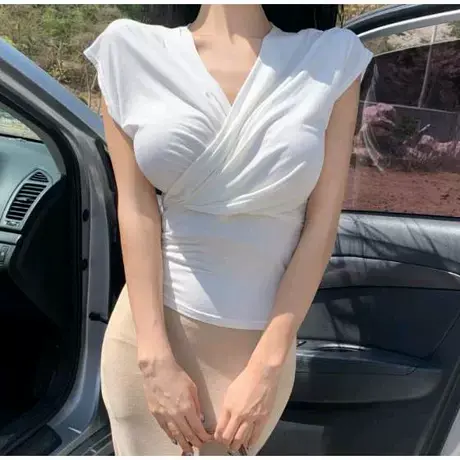 现货~OnoevV领褶皱T恤2024东大门夏女人味性感收腰体恤图片