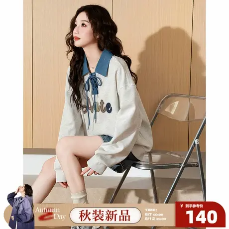 8.7/0点 上新唐狮2025秋季新款卫衣女复古绑带撞色POLO领宽松百搭图片