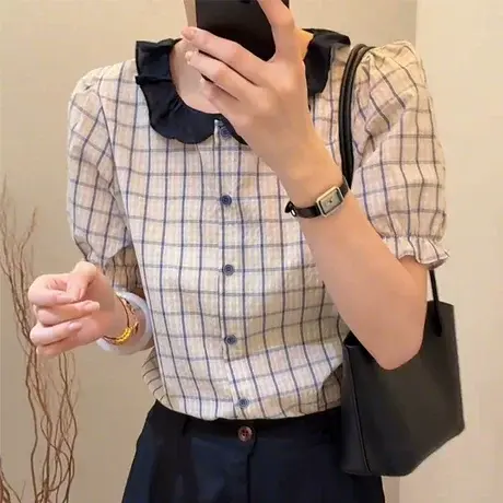 2025夏季新款娃娃领格子衬衣宽松显瘦百搭短袖衬衫女甜美上衣小衫图片