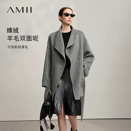 Amii2025冬新款可拆狐狸毛羊毛羊绒骆驼绒双面呢女一手长毛呢外套商品大图