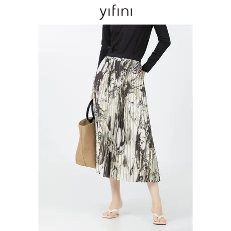 Yifini/易菲印花压褶大摆休闲半身裙女2023秋季新款百搭垂感A字裙图片