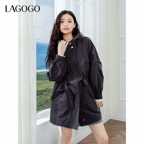 LAGOGO连帽抽绳百搭风衣女拉谷谷2024年秋季新款舒适休闲通勤外套商品大图