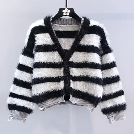 复古慵懒风软糯毛衣外套女秋冬2023新款宽松高级感条纹针织开衫商品大图