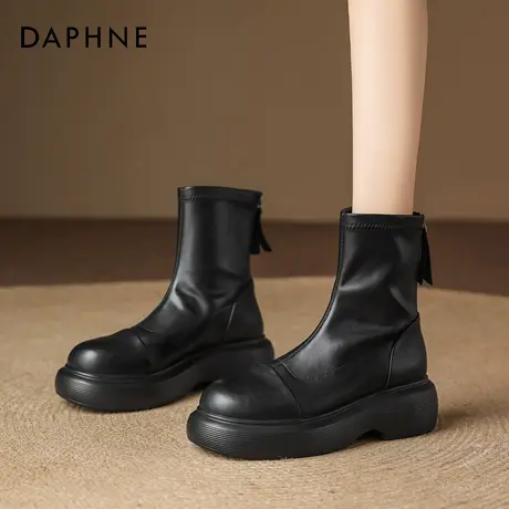 达芙妮中筒靴子女秋冬2025新款法式小短靴厚底弹力瘦瘦靴英伦皮鞋图片