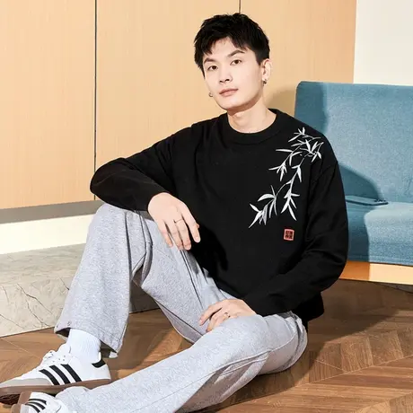 唐狮秋冬季新款毛衣男生中国风竹叶绣花黑色针织上衣复古国潮TE图片