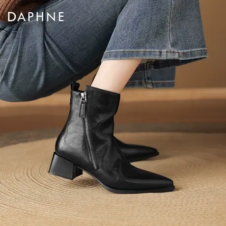 达芙妮黑色短靴女款2026冬季气质高跟短靴厚底尖头瘦瘦靴皮靴靴子商品大图