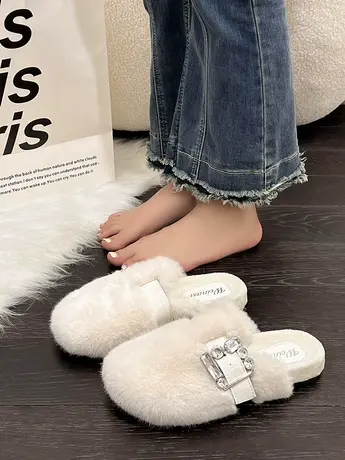 设计感水钻包头拖鞋女外穿2023年春秋新款室内家居毛绒绒厚底棉拖图片